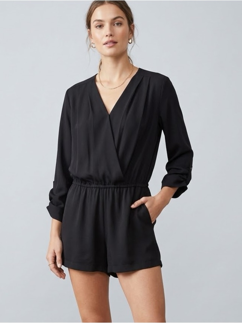 🖤 Trouvé Black Pleated Surplice Romper with Roll-Tab Sleeves 🖤 M